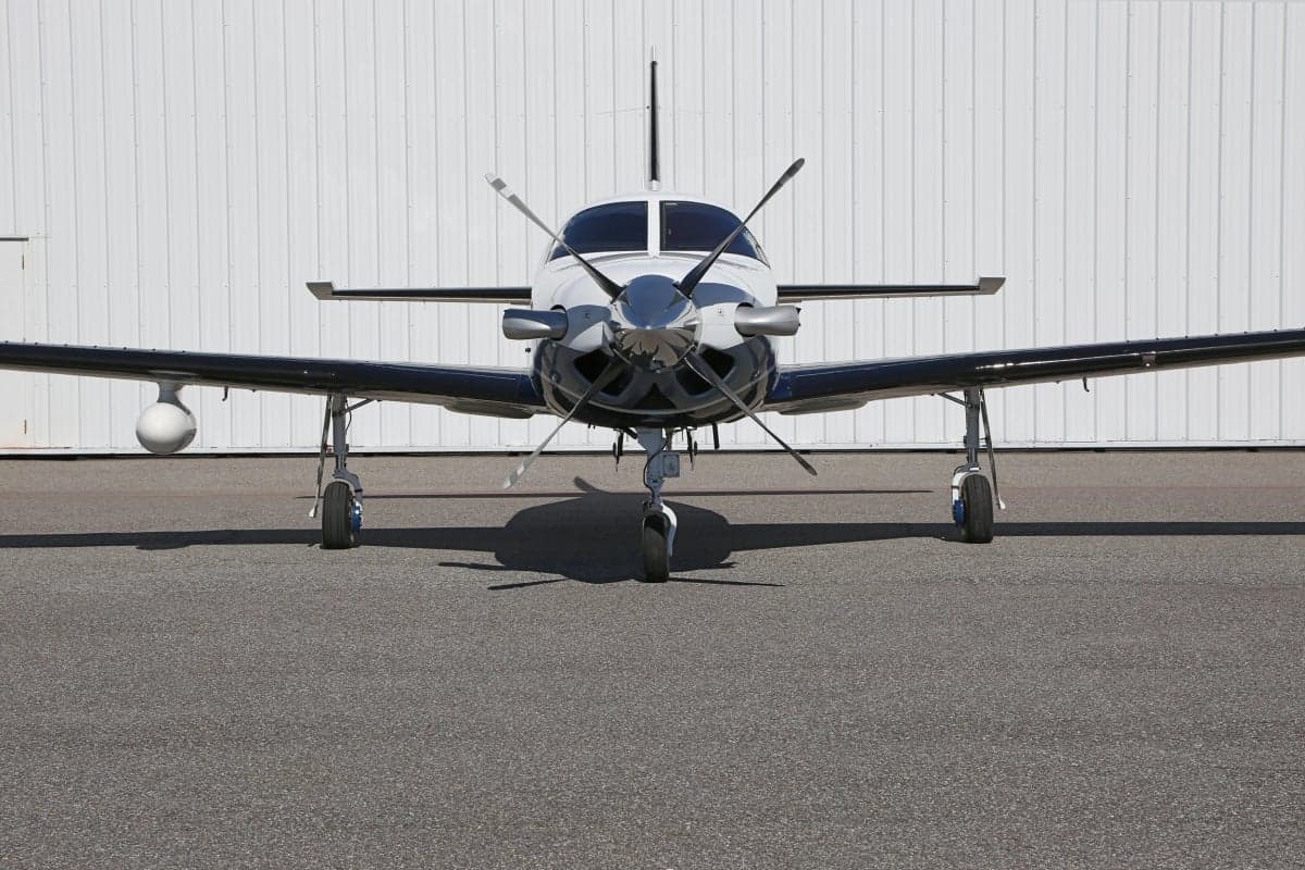 Close up front view of a Meridian aircraft on the ground.