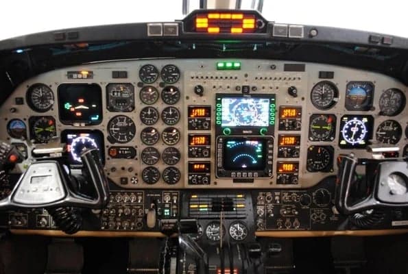 Detailed view of the King Air aircraft's instrument panel and controls.