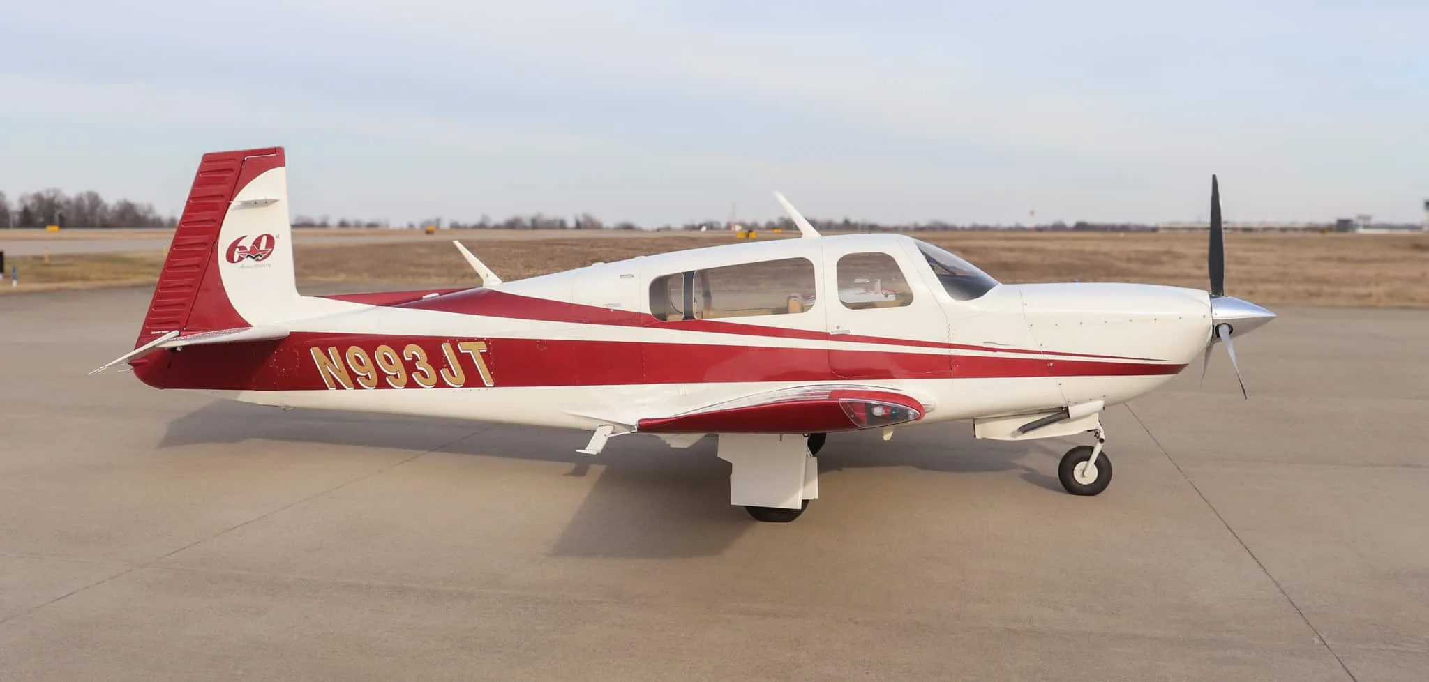Side profile of a white and red single-engine propeller aircraft, N993JT, on an airfield.