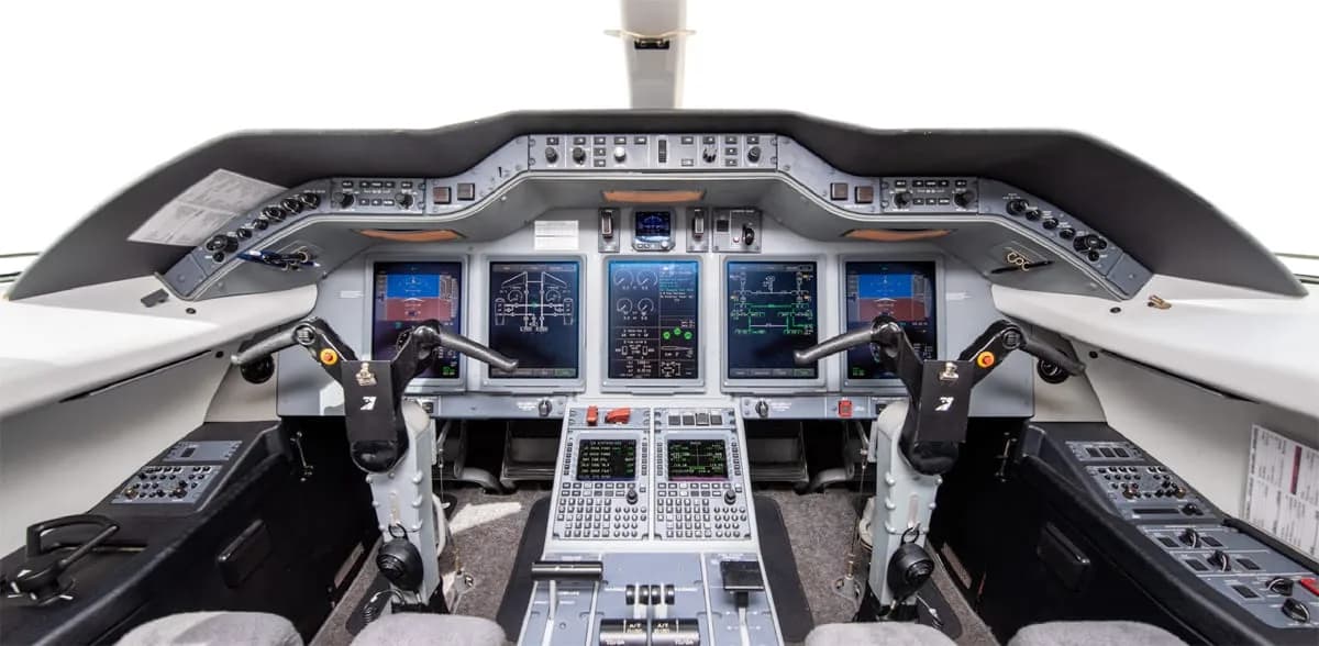 The cockpit of a business jet, featuring multiple digital displays and control yokes.