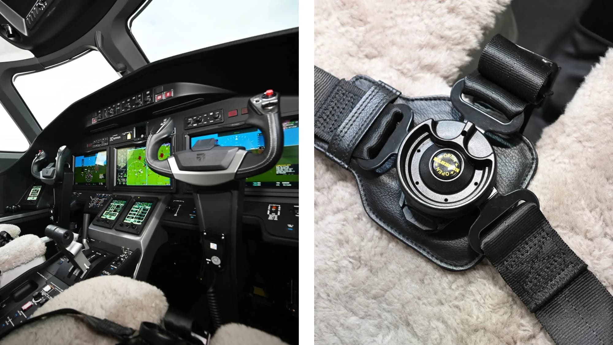 A split image showing a partial view of the cockpit and a close-up of a seatbelt buckle.