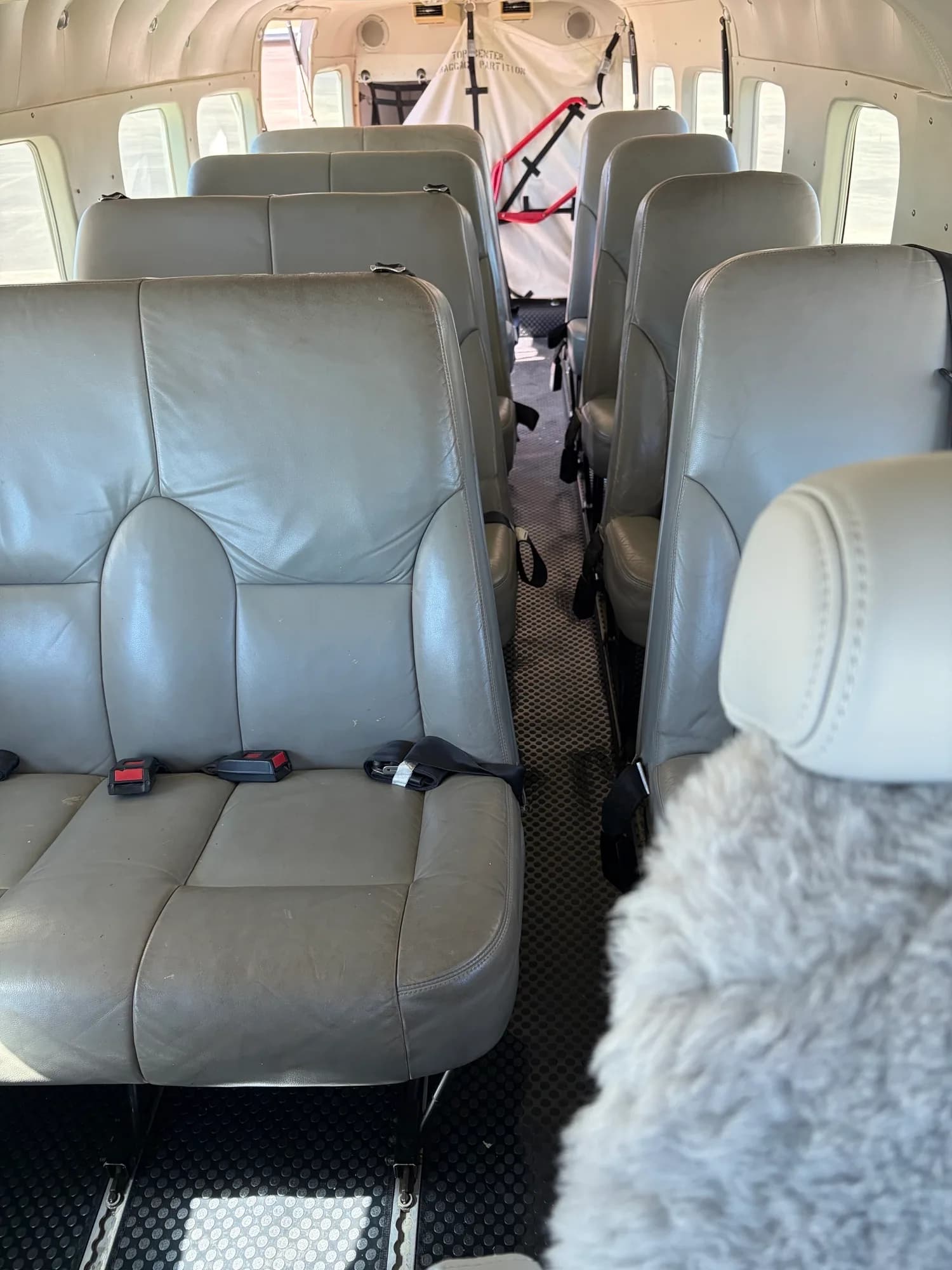 The interior cabin of an aircraft shows multiple rows of grey passenger seats.