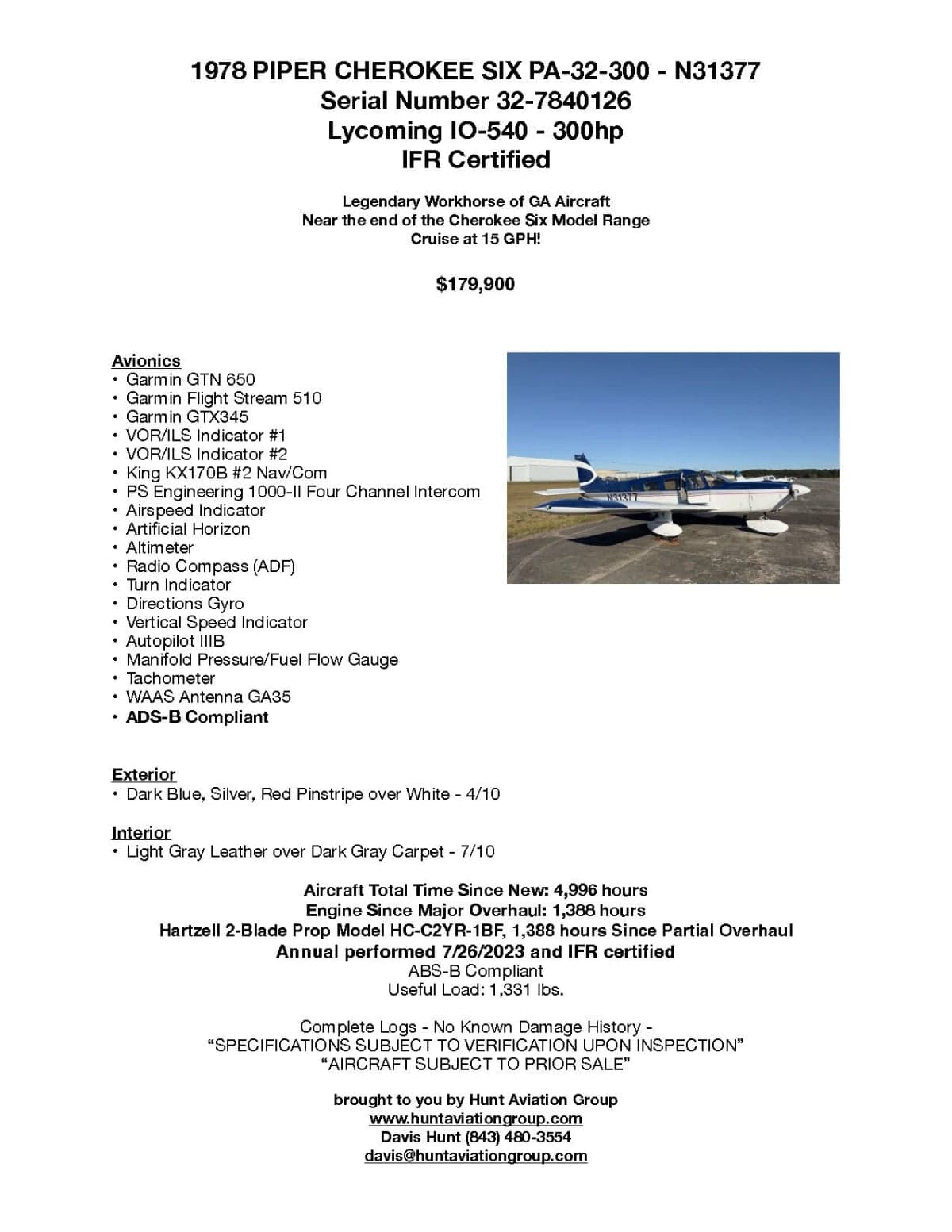 Advertisement for a 1978 Piper Cherokee Six PA-32-300 aircraft.