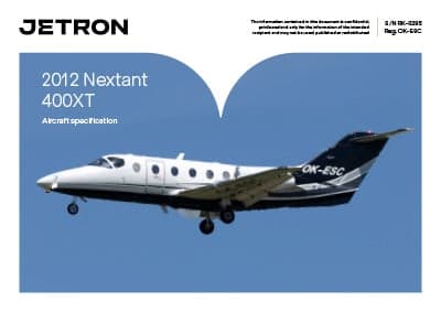 A 2012 Nextant 400XT aircraft specification sheet with a photo of the aircraft in flight.