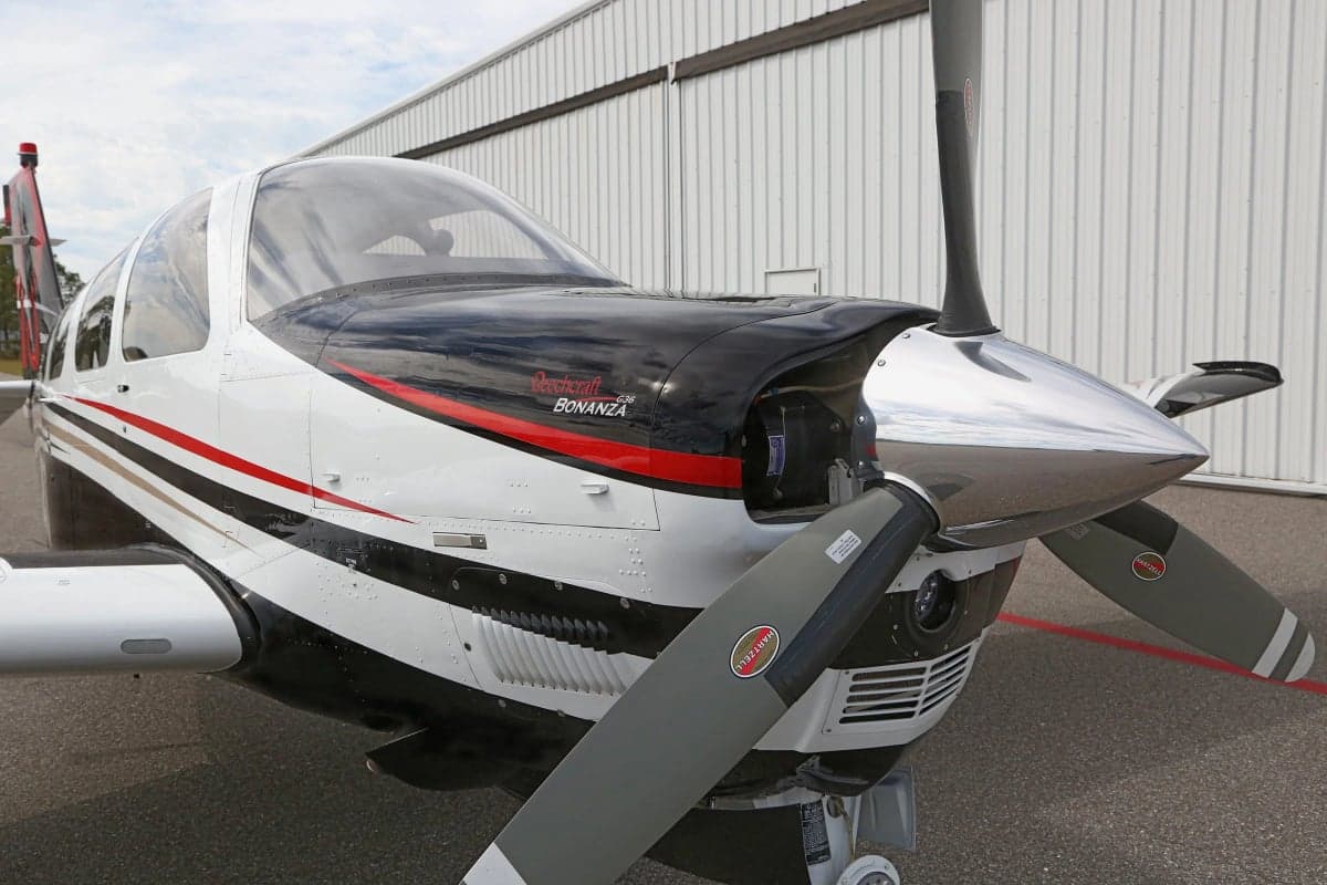 Close up of the nose and propeller of a Beechcraft Bonanza G36.