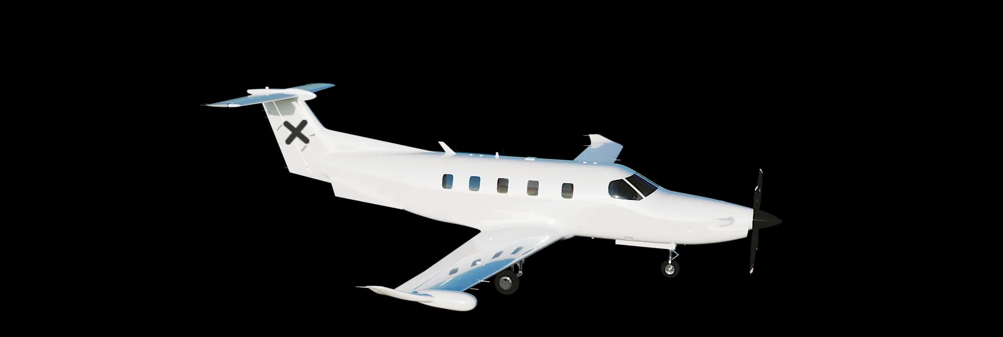 A white Pilatus PC-12 on a black background.