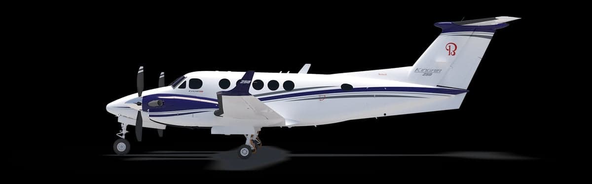 Stock photo of a King Air 260 with a white and blue paint scheme.