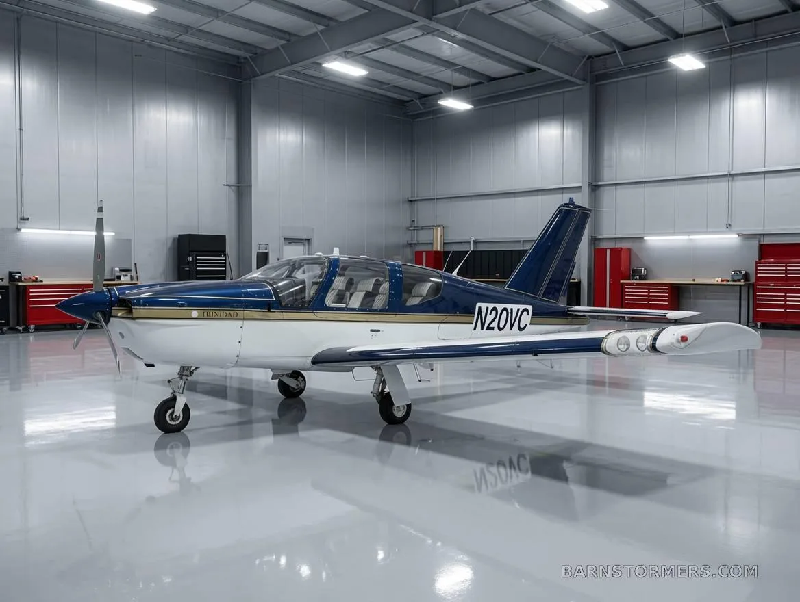A blue and white Socata Trinidad TB20 aircraft with gold trim, registration N20VC, parked inside a modern hangar.