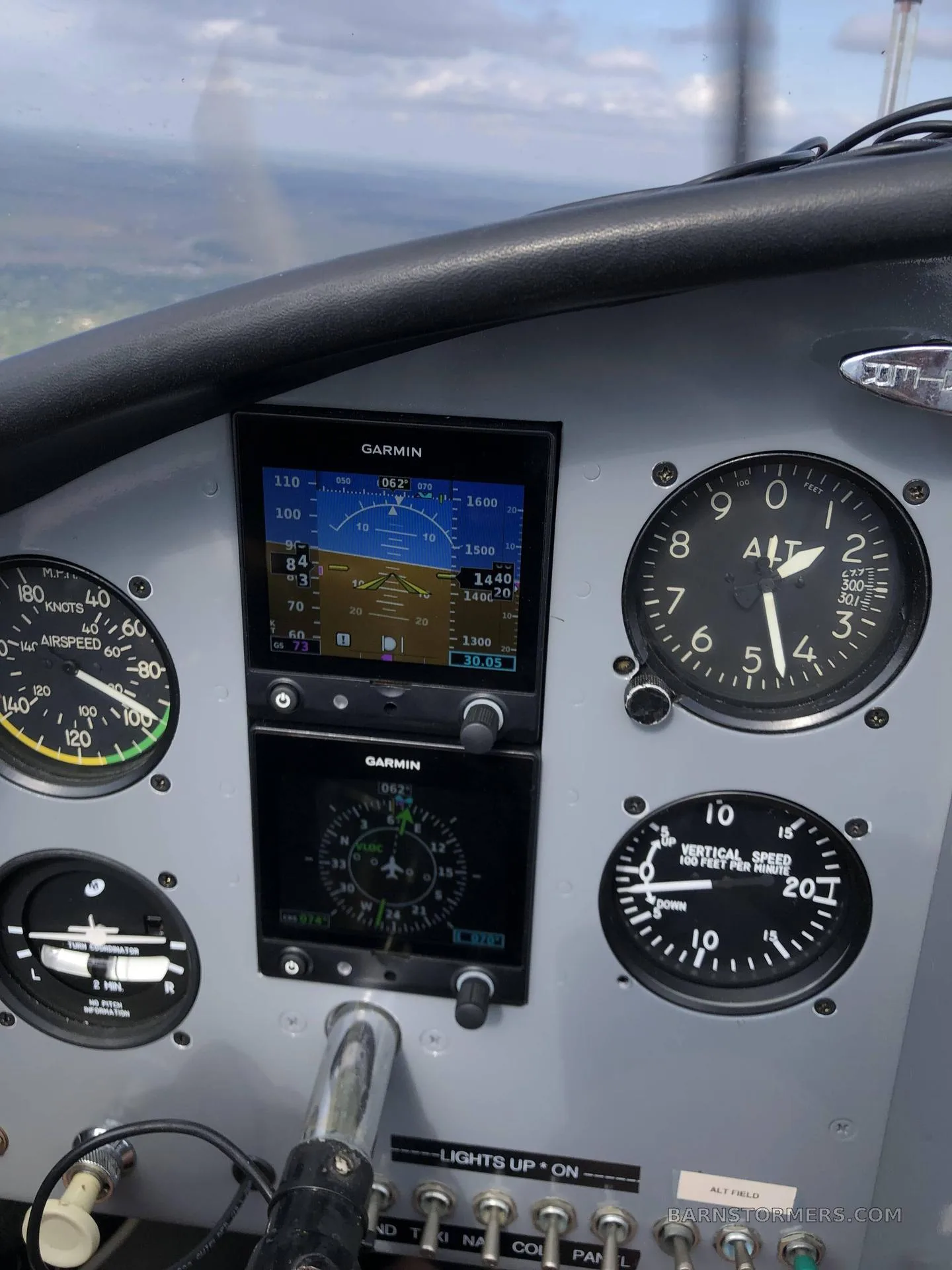 A close-up view of an aircraft's instrument panel, showing analog gauges and two Garmin digital displays.