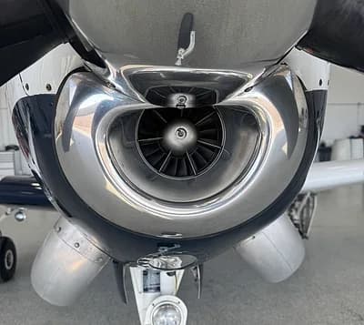 Close up of the engine cowling on a Beechcraft Bonanza.