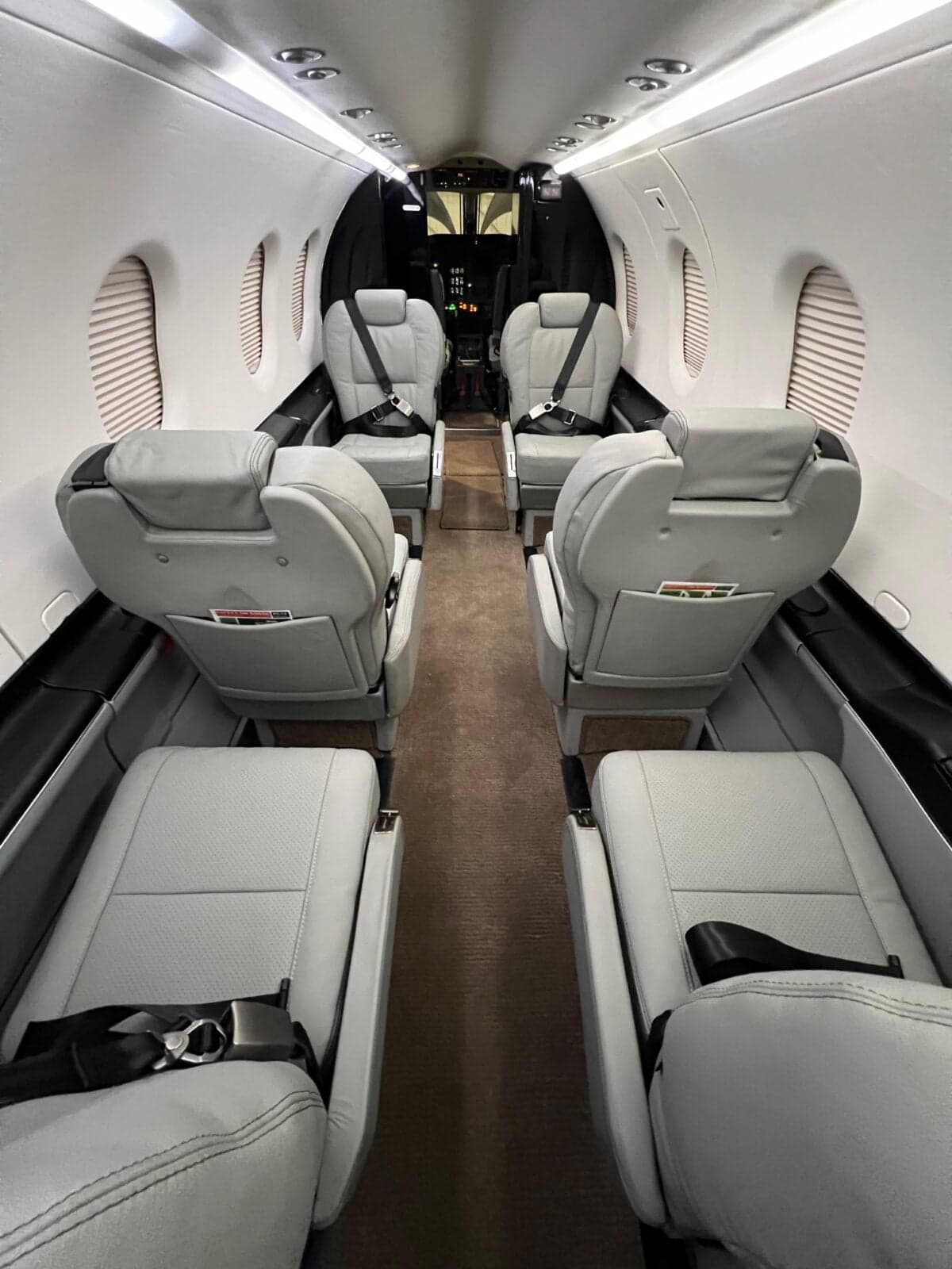 The interior of the aircraft features gray leather seats and a brown carpet.