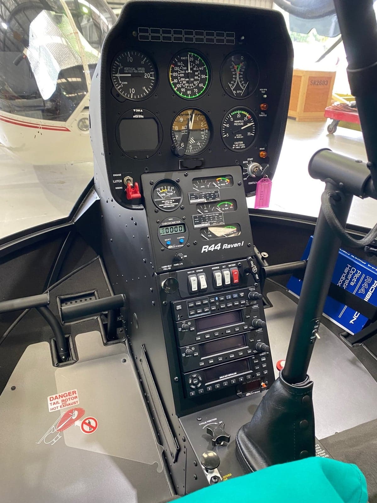 The instrument panel of an R44 Raven I helicopter.