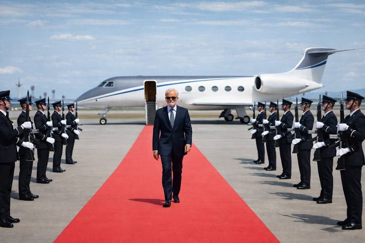 A Gulfstream jet is shown with a red carpet and honor guard.