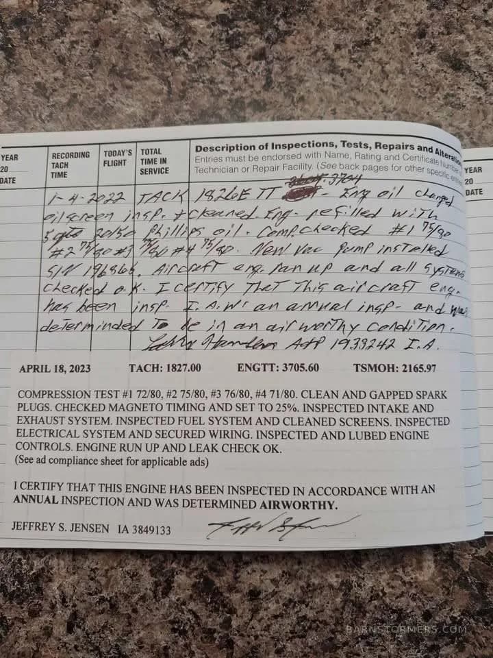 A handwritten aircraft logbook entry showing recent maintenance and an annual inspection certification.