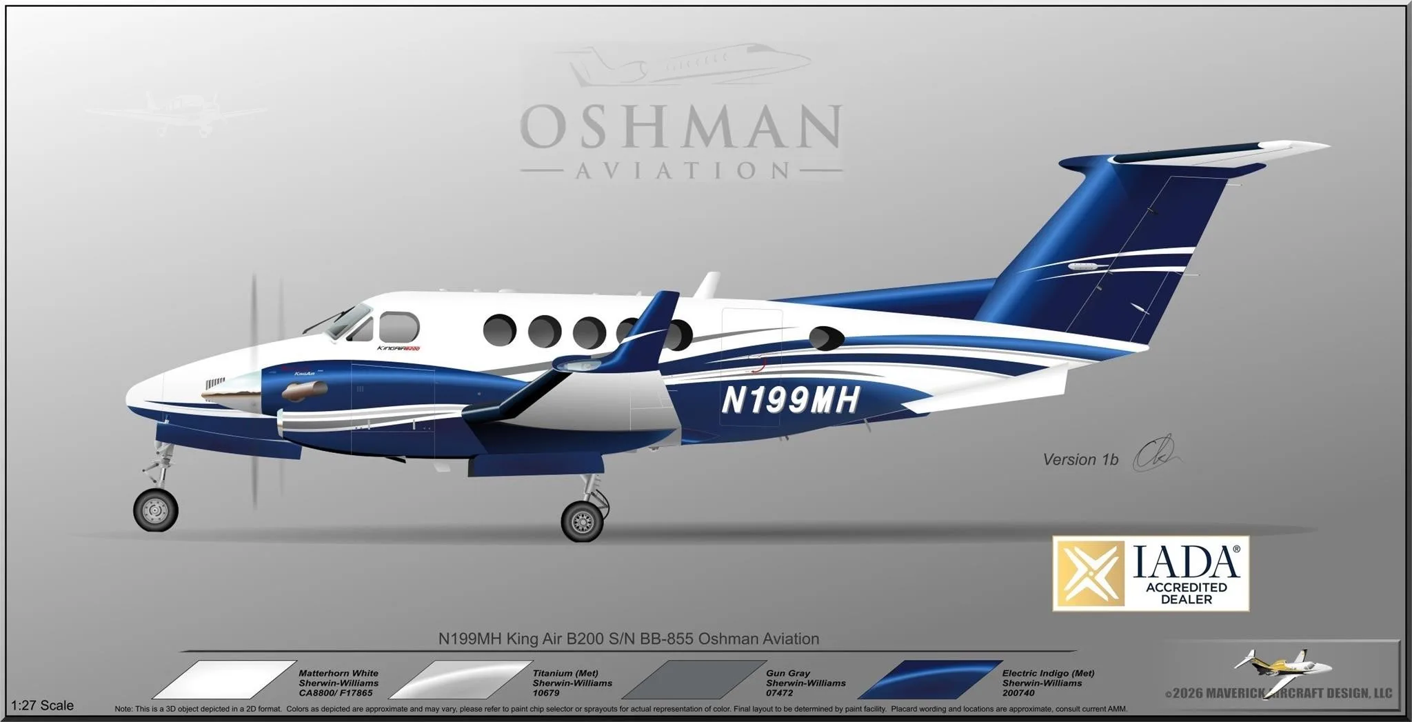 A rendering of a Beechcraft King Air B200, registration N199MH, in a blue and white paint scheme, with color swatches and branding.