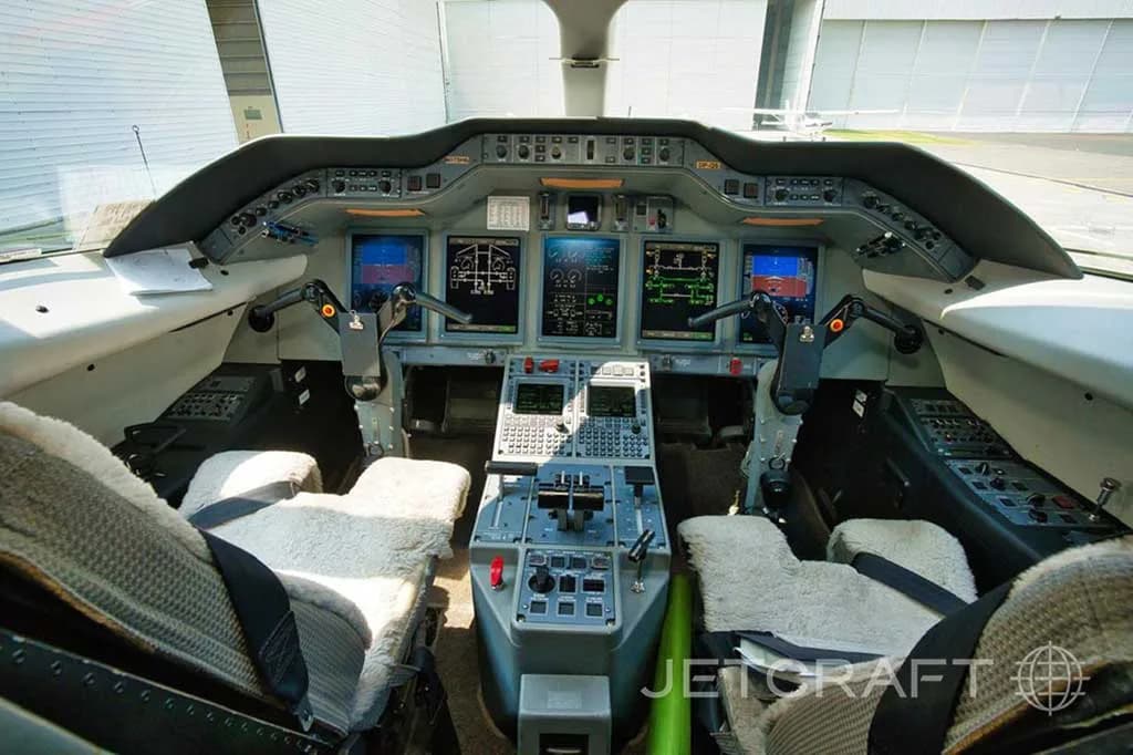 The cockpit features a modern glass panel display with multiple screens and control yokes.