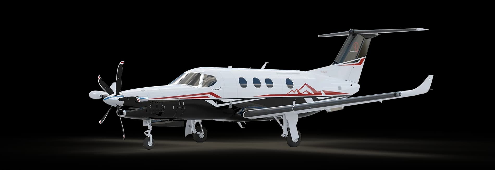 A Pilatus PC-12 NGX with a black and white paint scheme is shown in a side view against a black background.