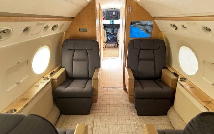 Single tan leather seat with a small entertainment screen.
