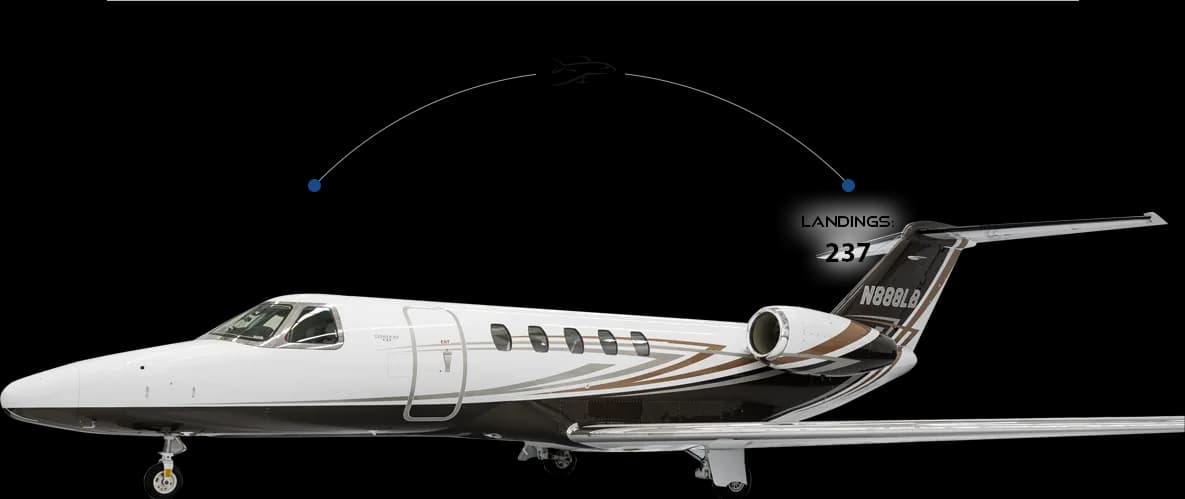 A side view of a white and brown business jet (N88LB) with overlaid text indicating 'LANDINGS: -237'.