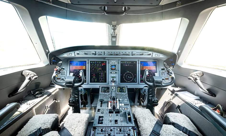 The cockpit of a Cessna Citation CJ3+ with modern avionics.