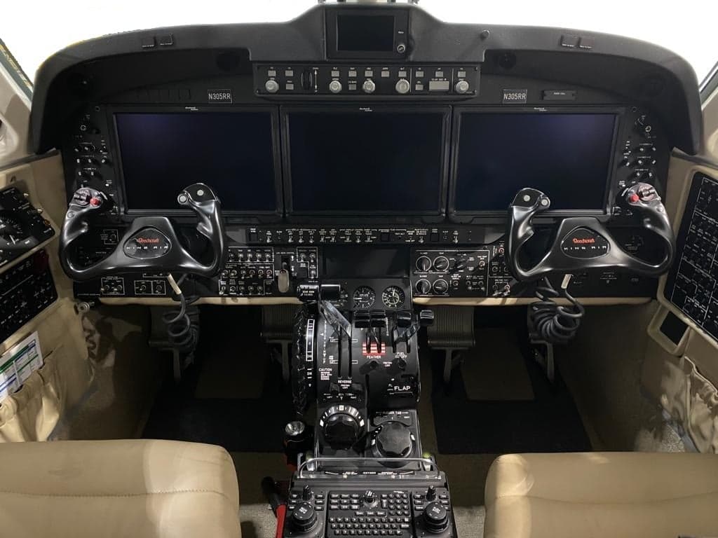 Cockpit view of the Beechcraft King Air 350 instrument panel.