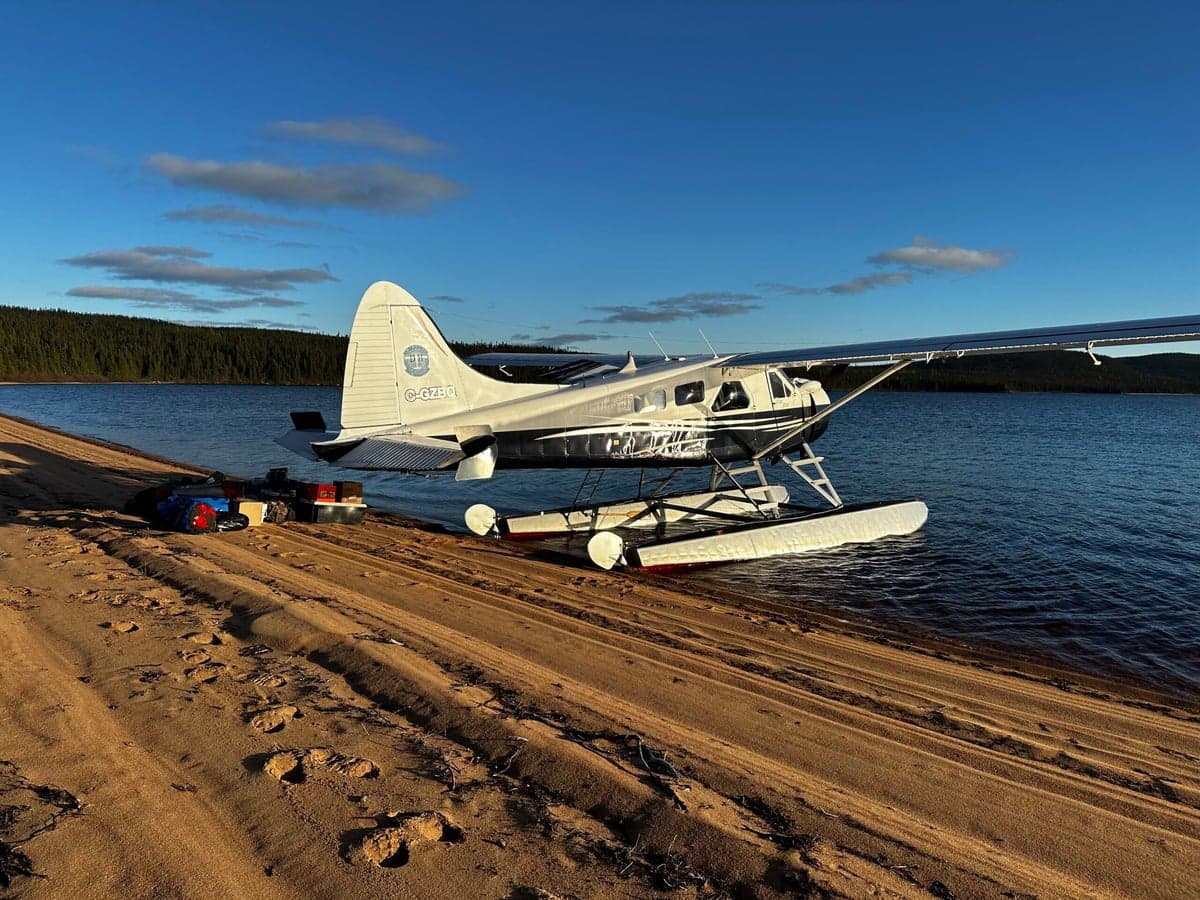 A de Havilland Beaver floatplane is beached on a sandy shore.