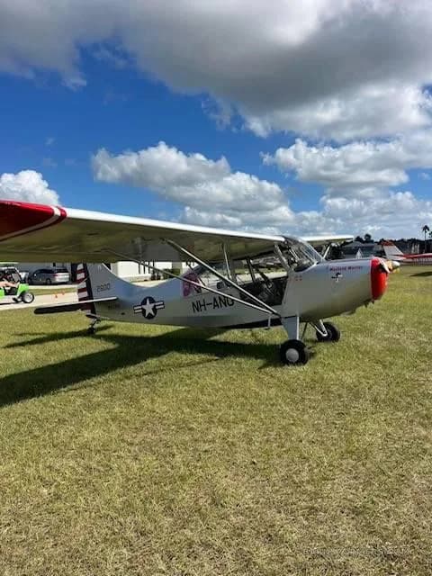 A silver Aeronca L-16 Liaison aircraft with "Weekend Warrior" nose art and US Air National Guard markings, parked on a grassy field under a blue sky.