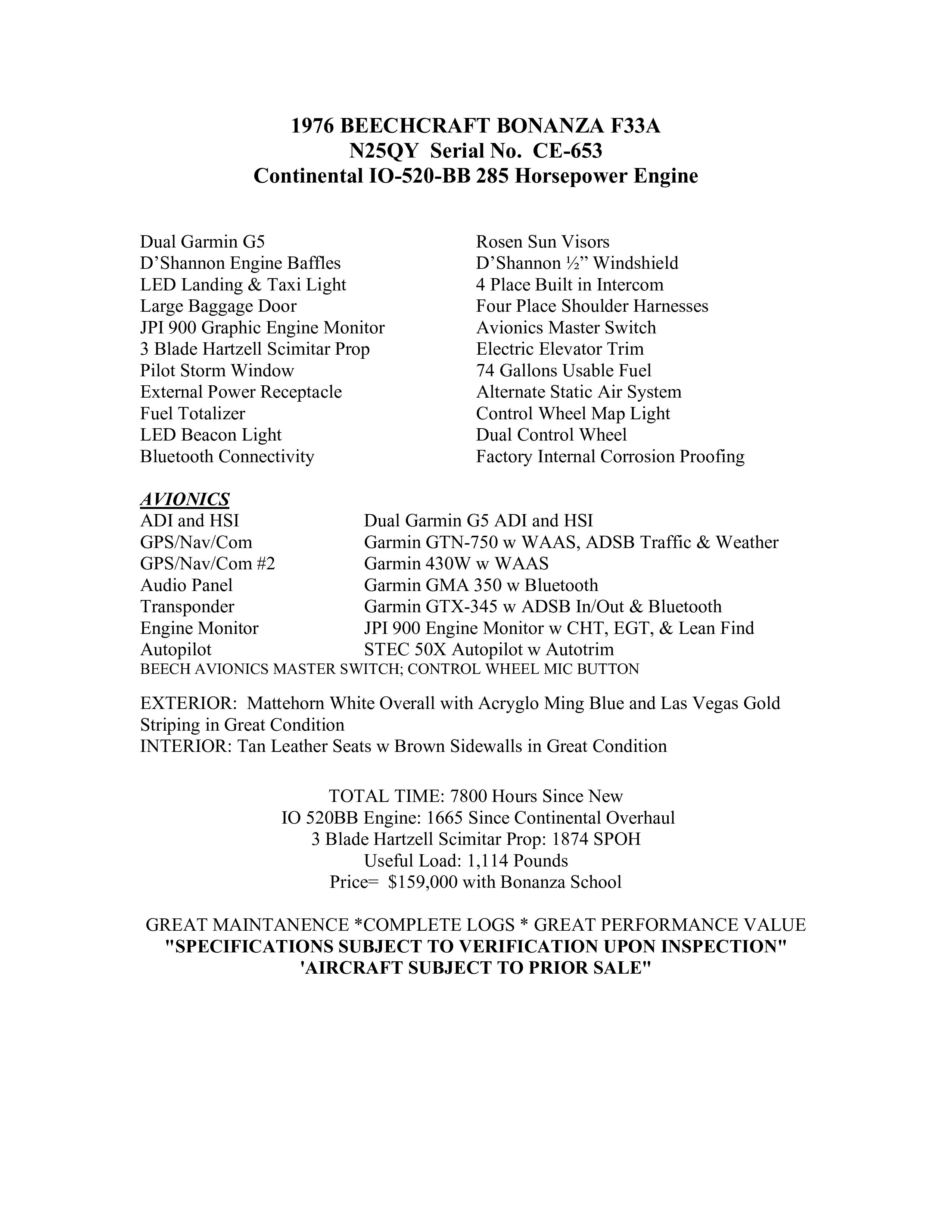 Aircraft specifications and avionics list.