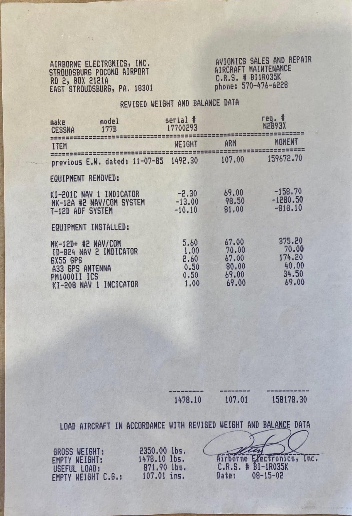 Revised weight and balance data sheet for Cessna 177B, registration N2893X.