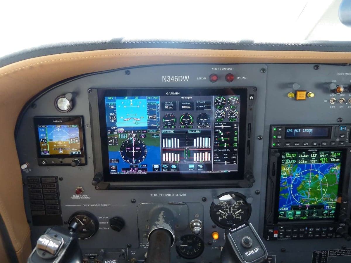 Close-up of the Cessna 414 Chancellor cockpit avionics.