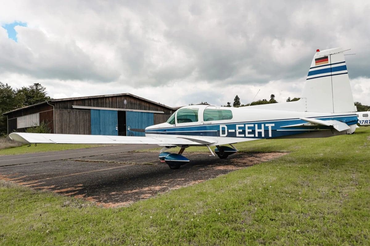 A white and blue aircraft with the registration D-EEHT parked on a grassy airfield next to a hangar.