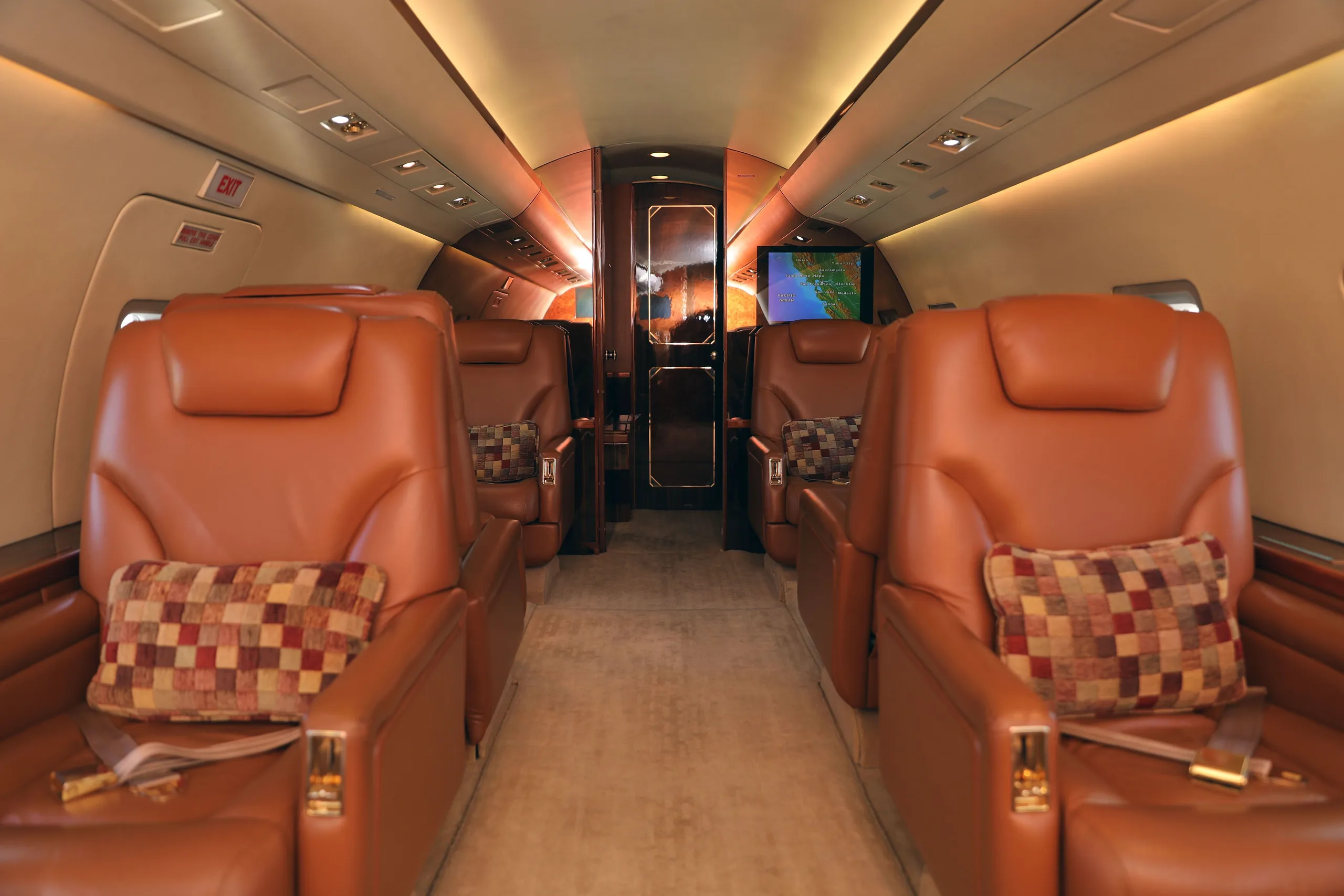 The luxurious cabin interior of the aircraft, featuring brown leather seats and patterned pillows.