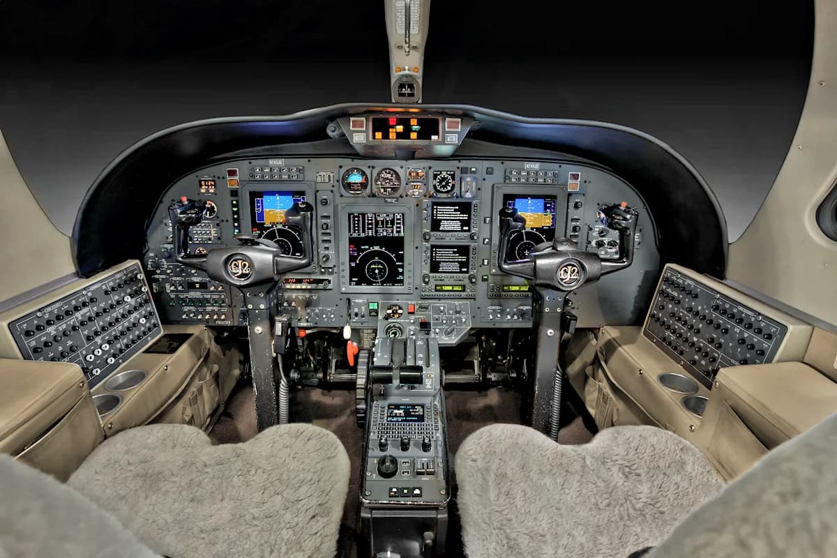 Aircraft cockpit with instrument panel and sheepskin seat covers.