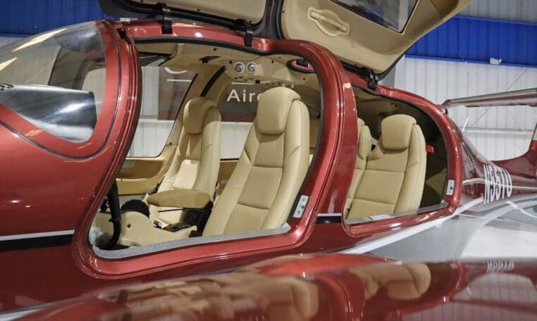 Interior view of the Diamond DA62 aircraft showing the seating arrangement.