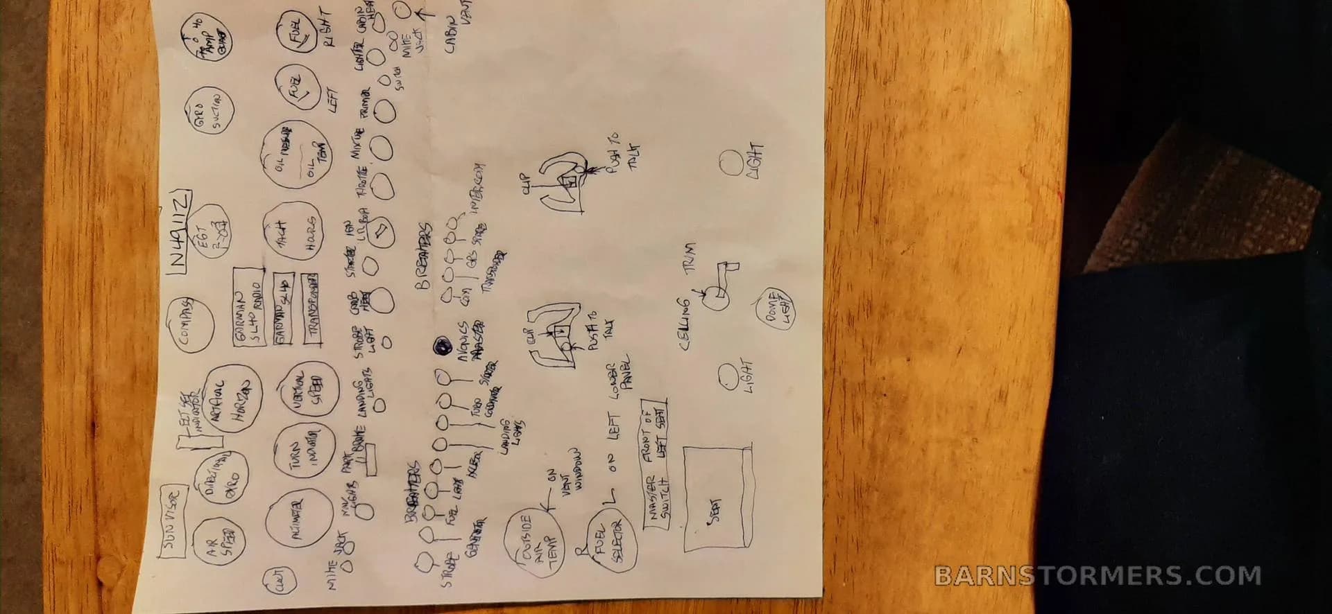 A handwritten diagram showing various aircraft controls, switches, and labels.