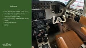 The cockpit of a Beech B90 King Air aircraft is shown with instrument panel details and avionics list.