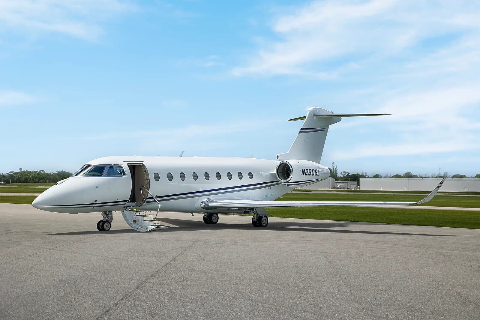 N280GL Gulfstream on the tarmac with the entry door open.