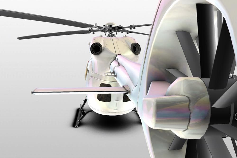 A white helicopter with a fenestron tail rotor, viewed from the front-right, against a plain white background.