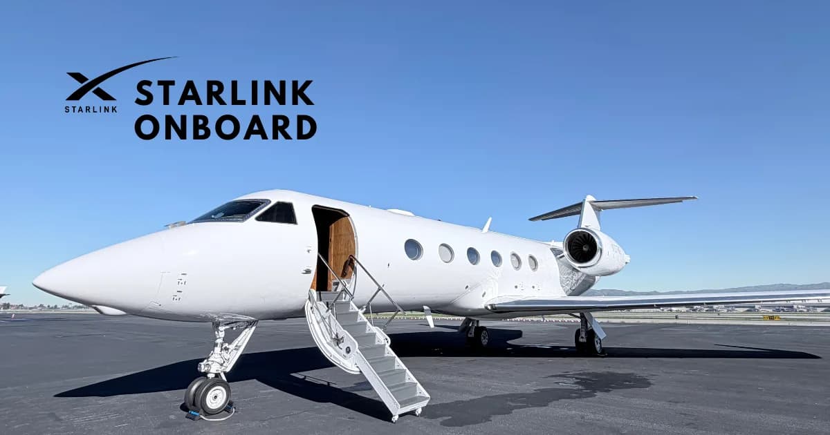 Gulfstream jet with open door and Starlink Onboard logo.
