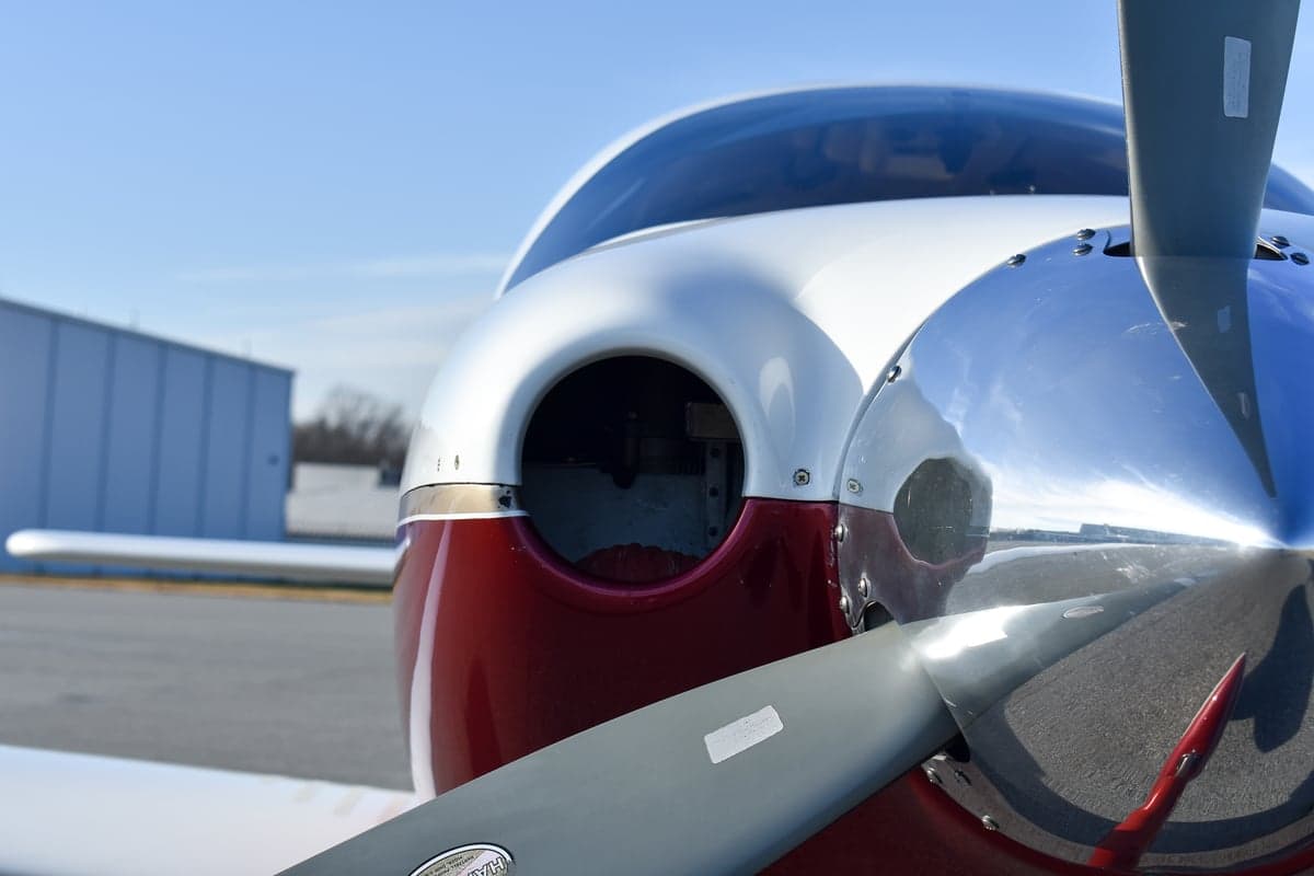 Close up of the Lancair Columbia 350 logo on the aircraft.