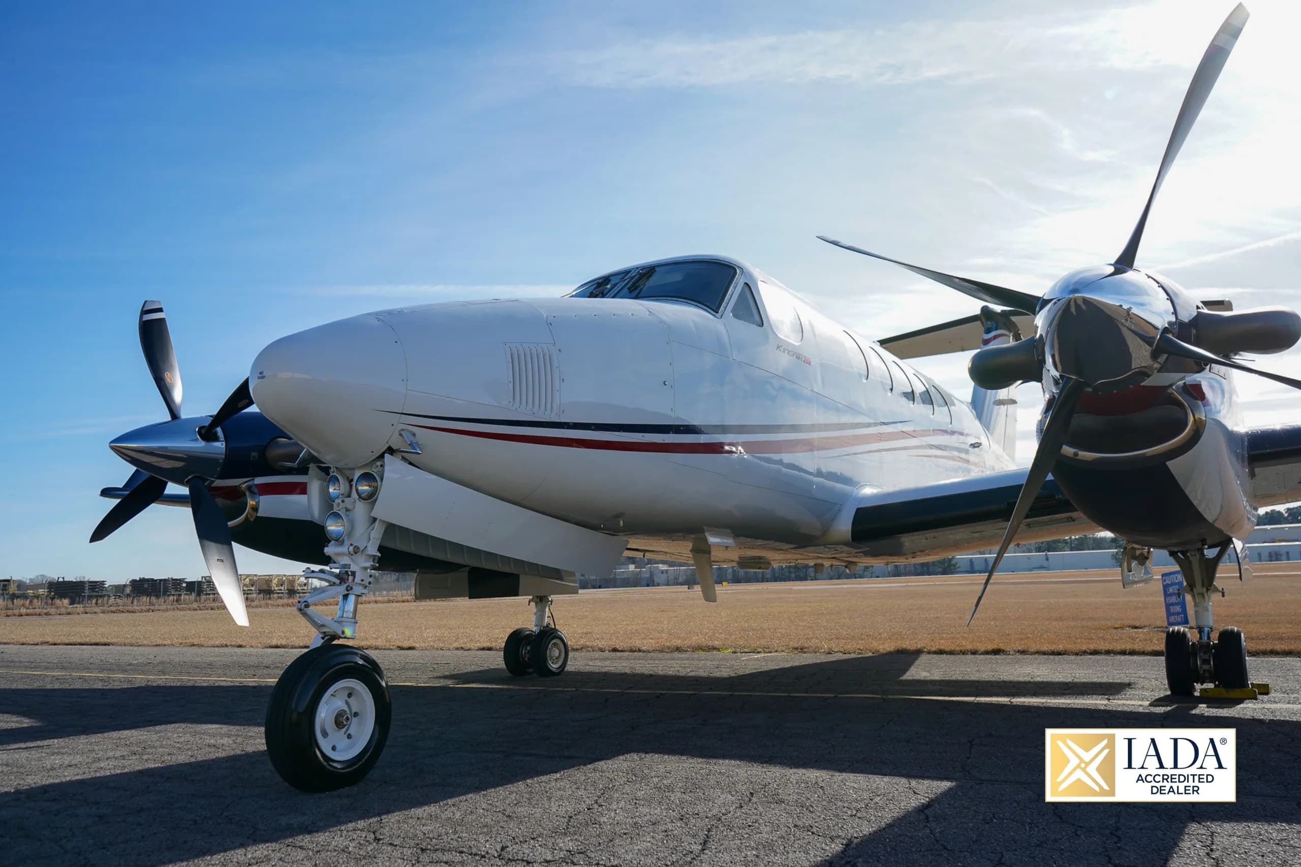 Close up of the front of a Beechcraft King Air 250 on the tarmac.