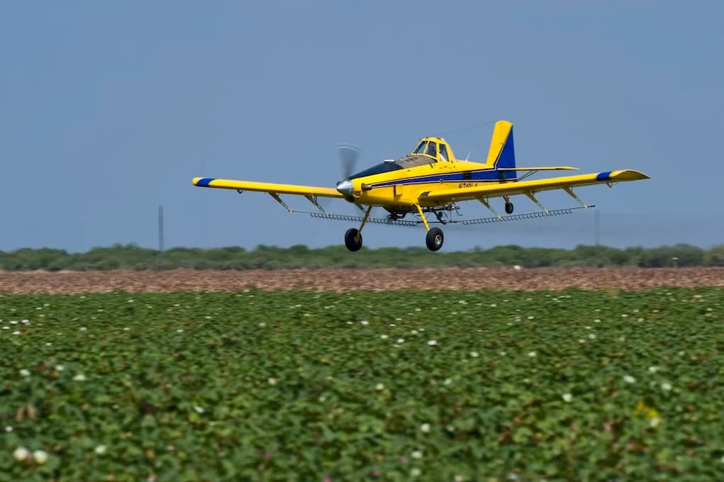 A yellow and blue agricultural aircraft, N1740A, flies low over a green field with white blooms.