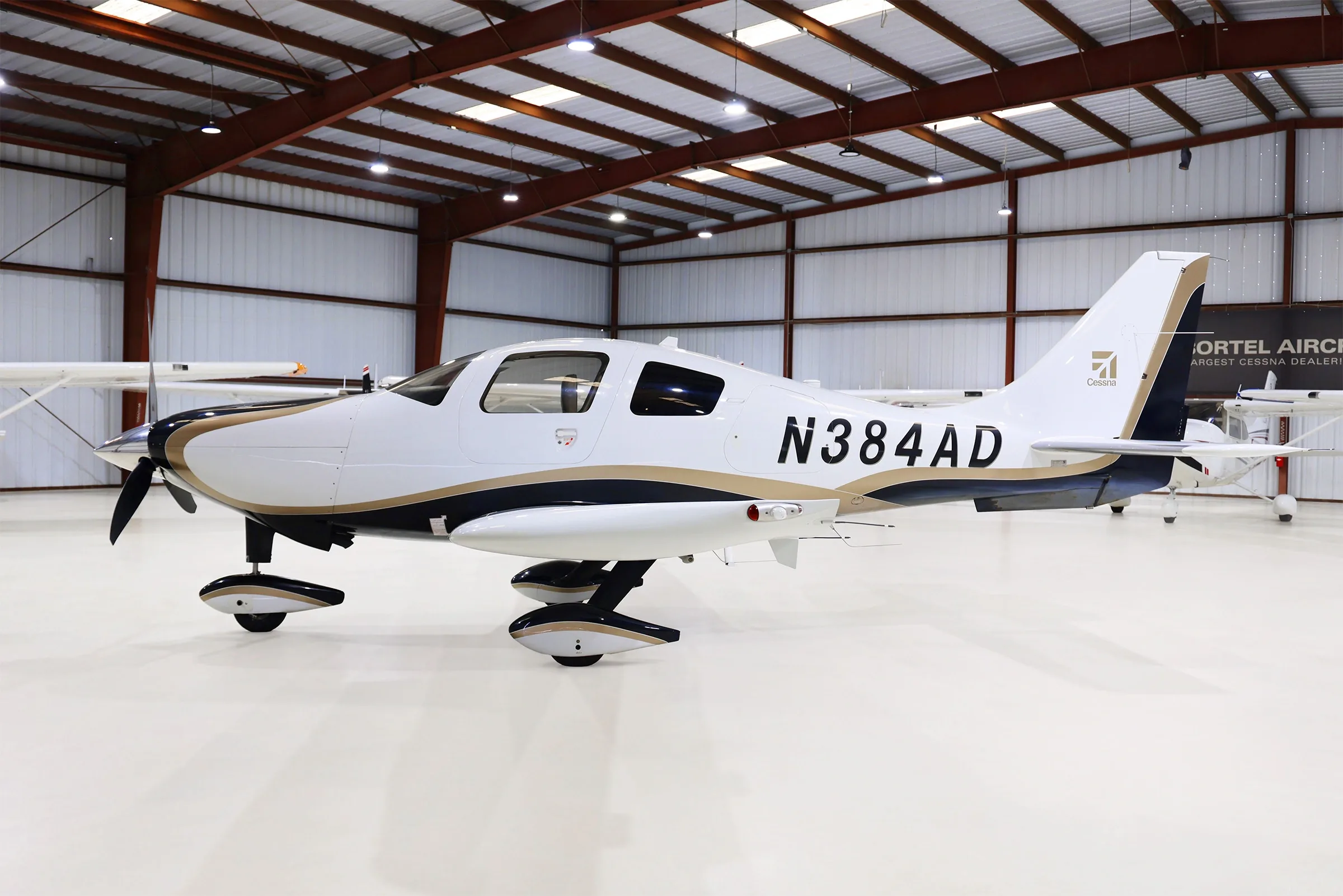 A white, black, and gold Cessna TTx aircraft (N384AD) is parked in a hangar, viewed from the side.