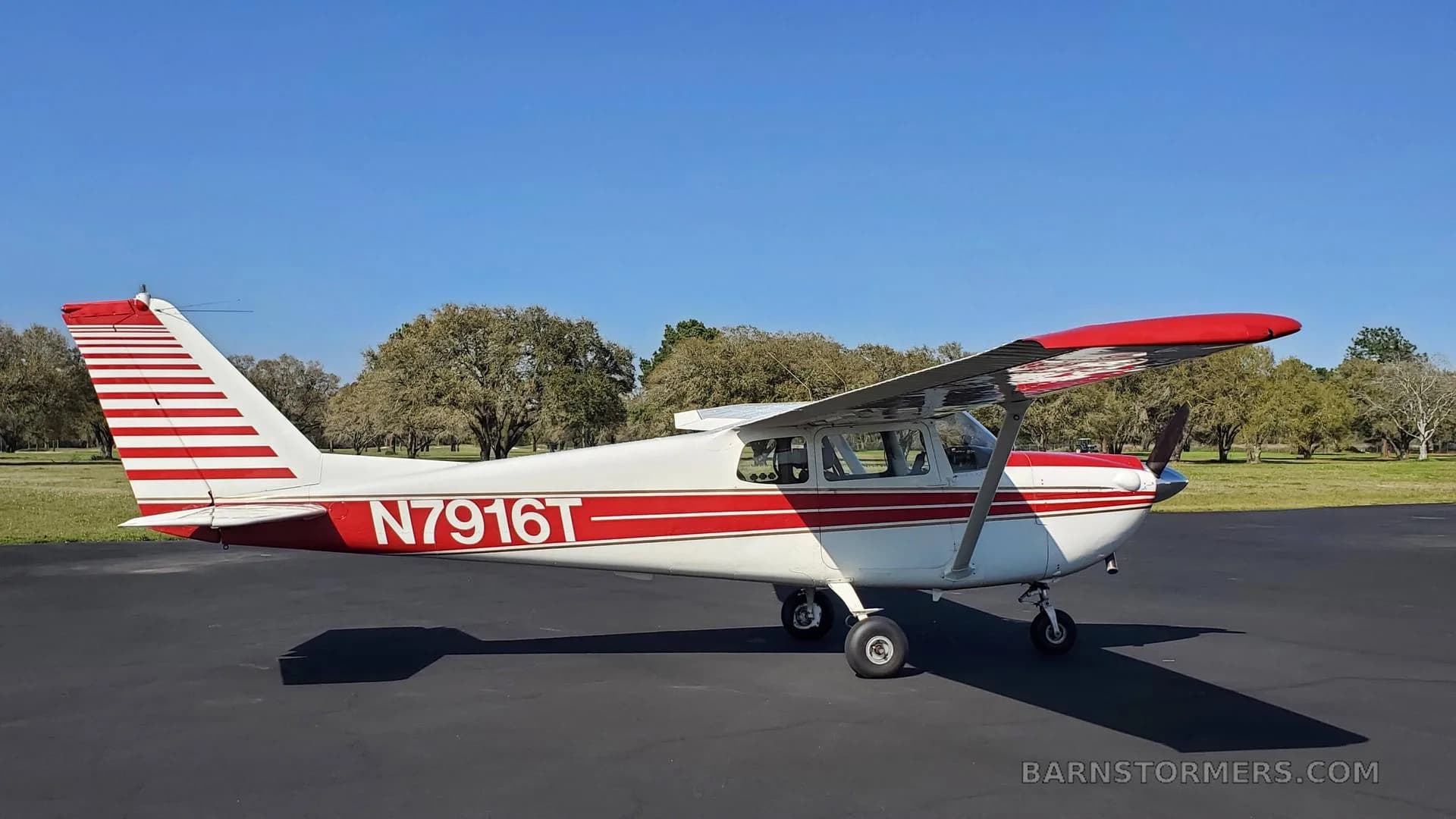 A white and red Cessna 172 with registration N7916T parked on an asphalt pad with trees in the background under a clear blue sky.