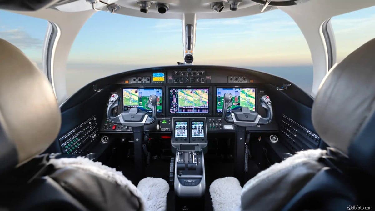 View of the aircraft's cockpit instrument panel.