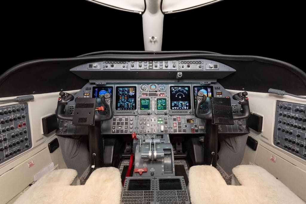 View of the Learjet 45XR cockpit with instrument panel and controls.