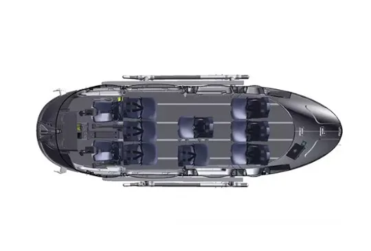 An overhead diagram showing the interior seating layout of a helicopter cabin.