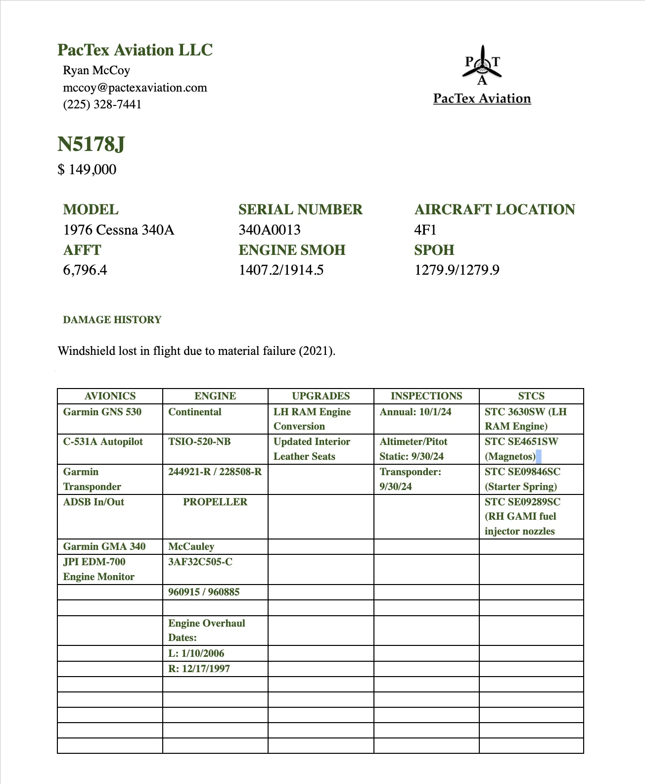 A document detailing the specifications, avionics, engine, upgrades, inspections, and damage history for aircraft N5178J, a 1976 Cessna 340A.