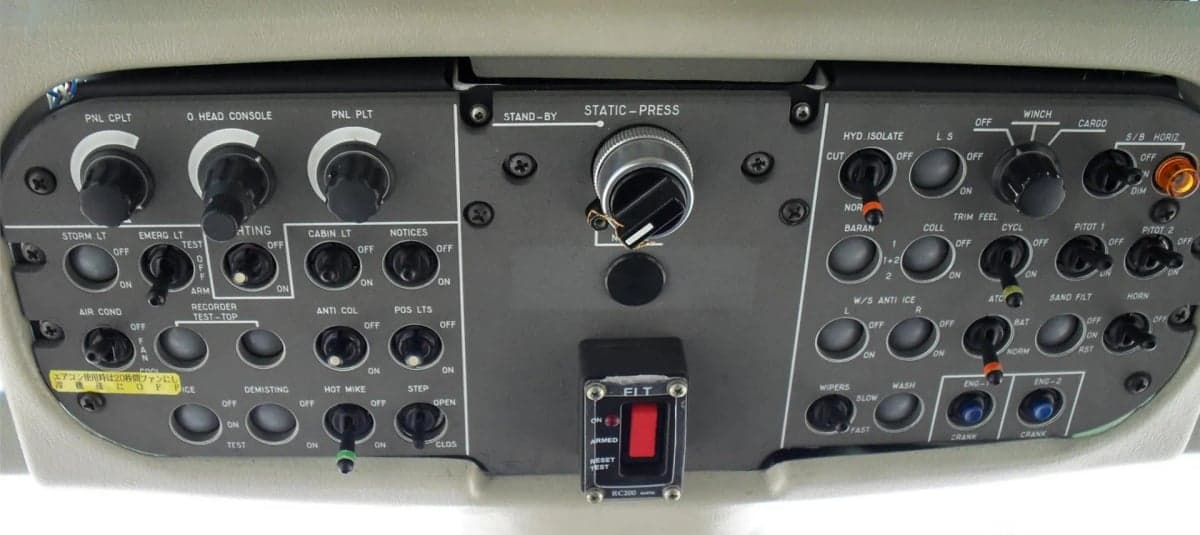 Close-up of the helicopter's instrument panel with various gauges and controls.