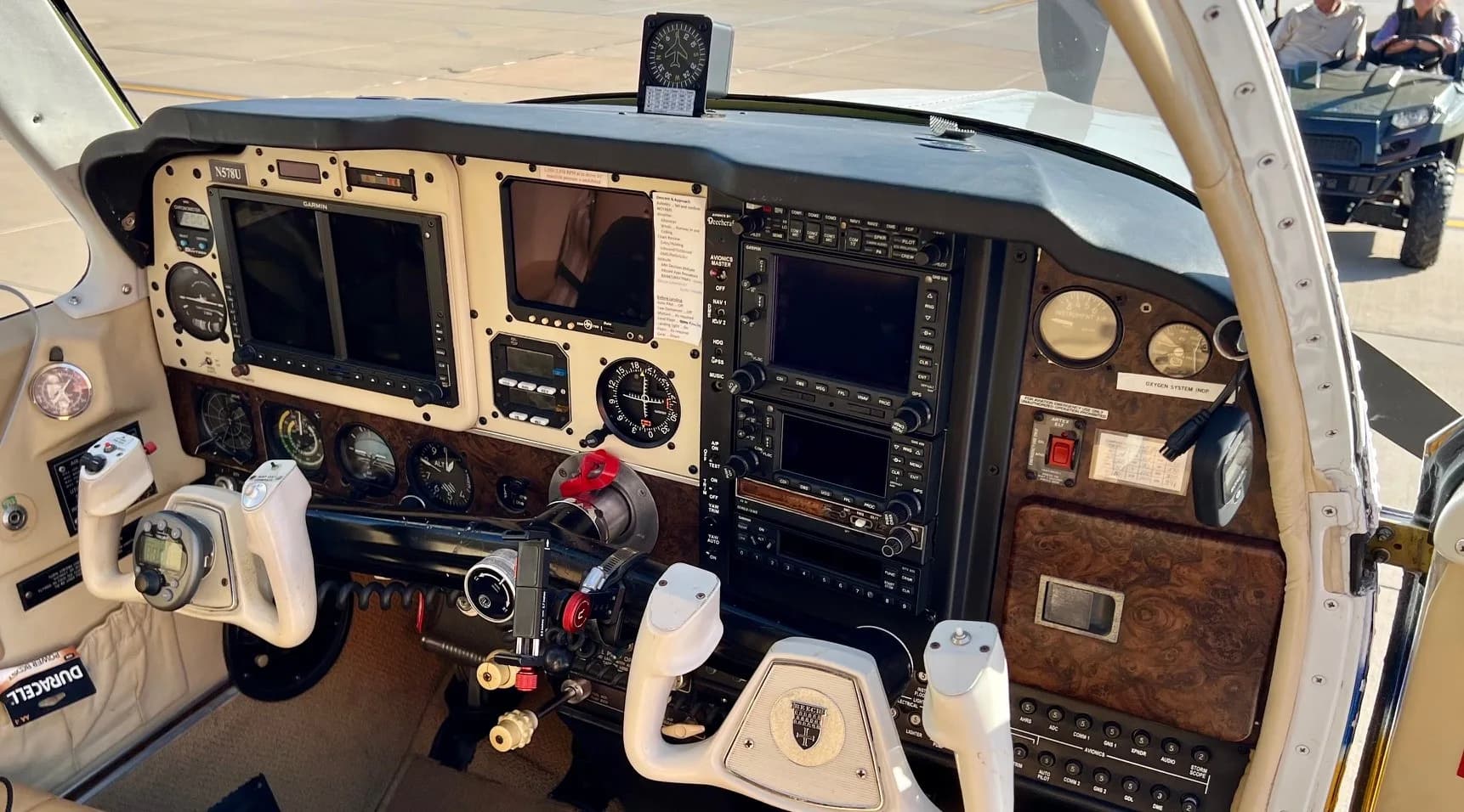 Detailed view of the aircraft's instrument panel and control yoke.